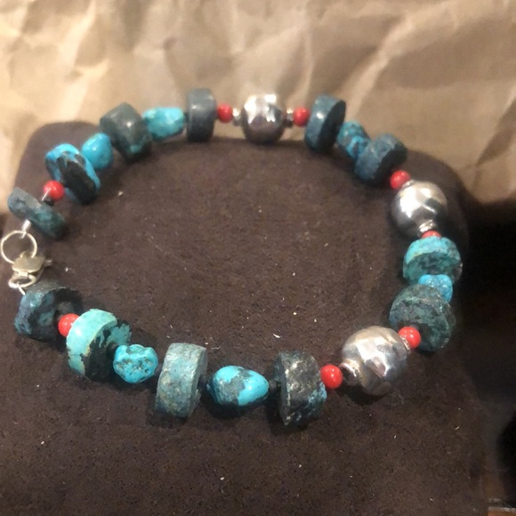 STERLING SILVER and TURQUOISE Rustic Bracelet with Lobster a Clasp - Picture 7 of 11